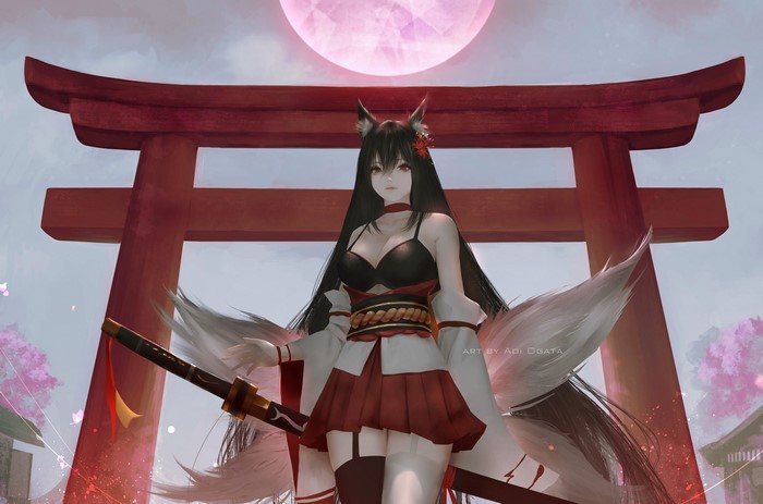 Fox girl with katana under a torii gate and moon