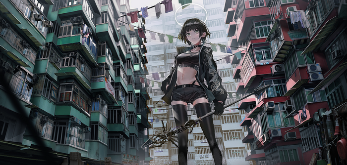 Anime girl with halo in urban setting