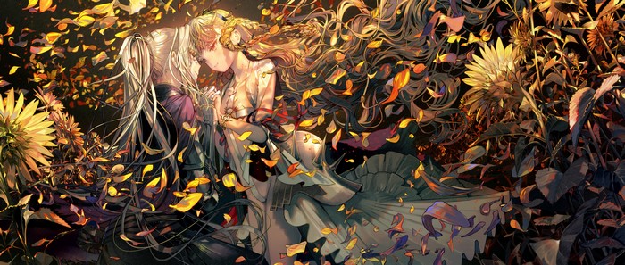 Anime artwork of two figures surrounded by autumn leaves
