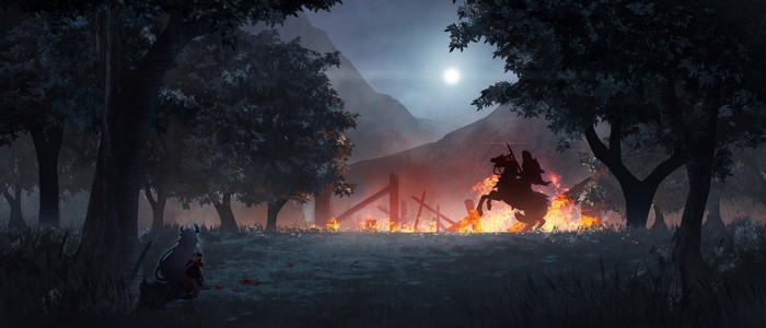 Anime artwork of a knight on horseback near a fire