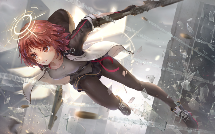 Exusiai from Arknights with a halo and gun
