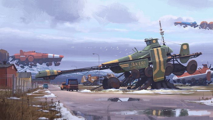 Futuristic vehicles in a snowy landscape by Simon Stålenhag