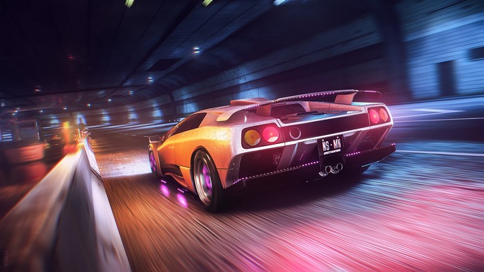 Lamborghini Diablo racing through a neon-lit tunnel