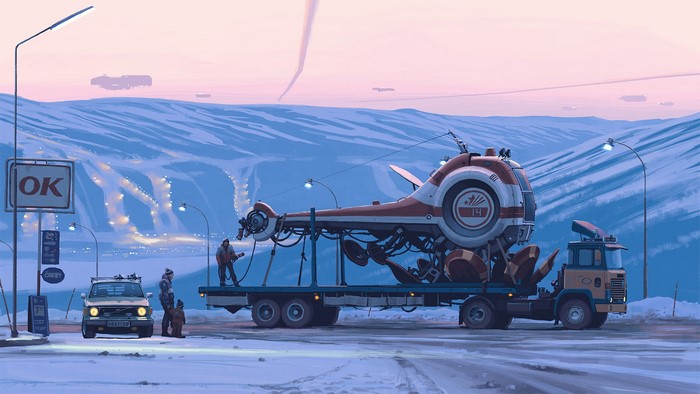 Simon Stålenhag artwork of a futuristic truck carrying a strange vehicle