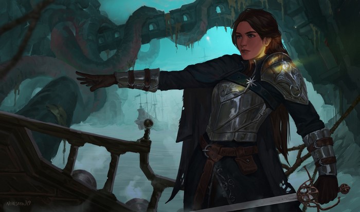 Woman in armor with sword on a ship