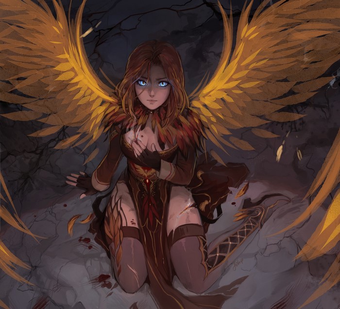 Angel with golden wings kneeling in a dark environment