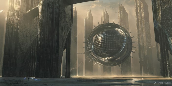 Futuristic abandoned city with a large sphere