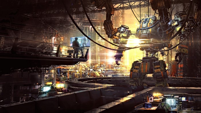 Futuristic industrial mech factory with workers