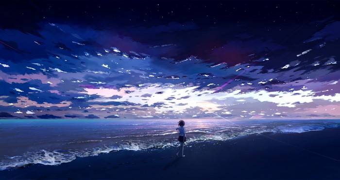 Anime girl on beach at sunset