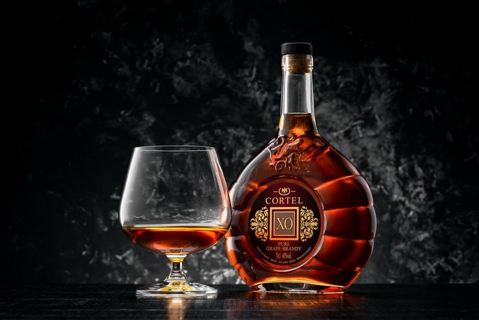 Cortel XO Pure Grape Brandy bottle and glass