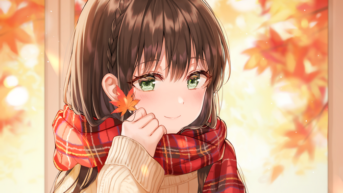 Anime girl with green eyes and scarf holding maple leaf