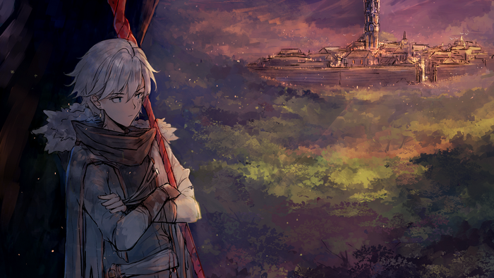 Anime boy with white hair and blue eyes overlooking a city