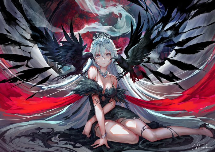 Anime girl with black wings and crows