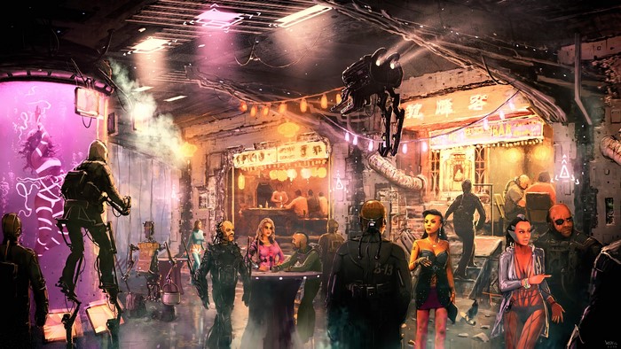 Cyberpunk street market with diverse characters