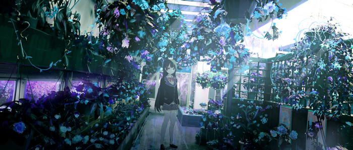 Anime girl in a greenhouse with blue and purple flowers