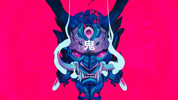Demon mask with Japanese Kanji on a pink background
