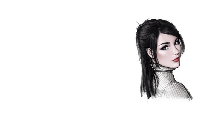 Artwork of a woman with dark hair and blue eyes