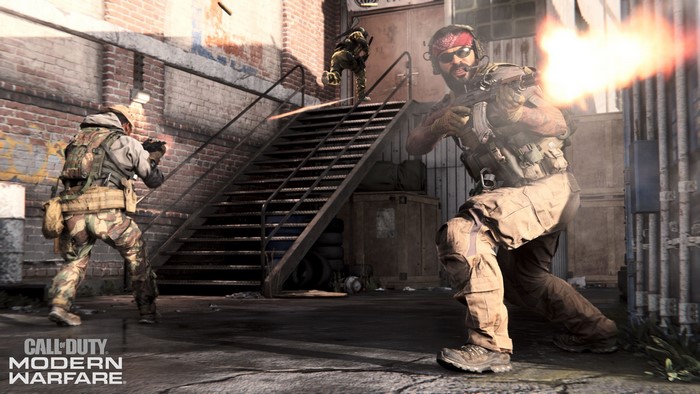 Soldiers in Call of Duty Modern Warfare firing weapons