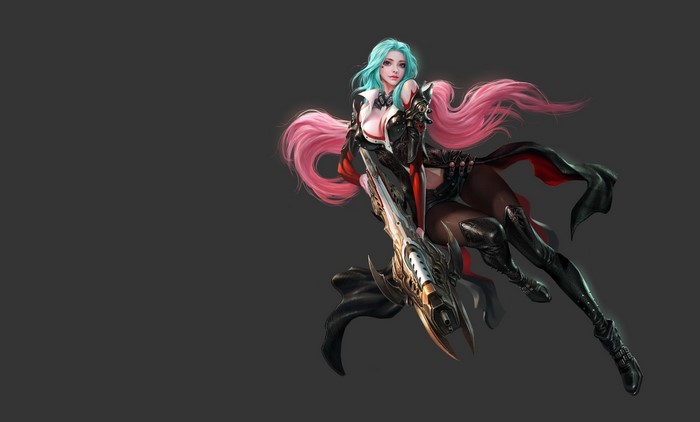 Fantasy girl with pink hair and blue eyes holding a weapon