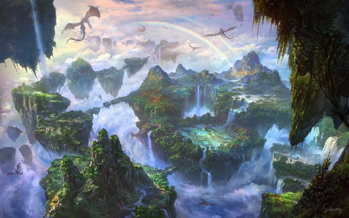 Fantasy landscape with dragons and waterfalls by Li Shuxing