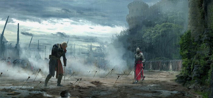 Warriors in a rainy battlefield with a castle