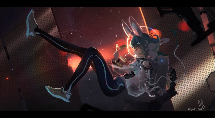Anime girl with bunny ears eating food