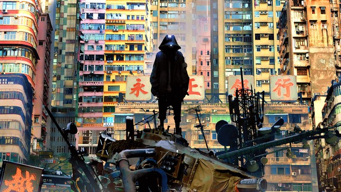Cyberpunk cityscape with a hooded figure on wreckage