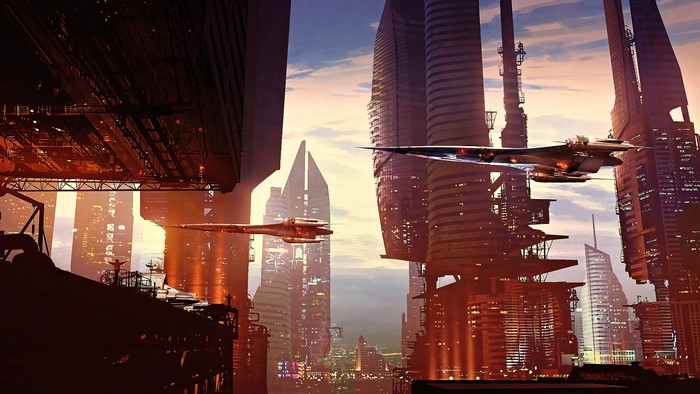 Futuristic cityscape with flying vehicles