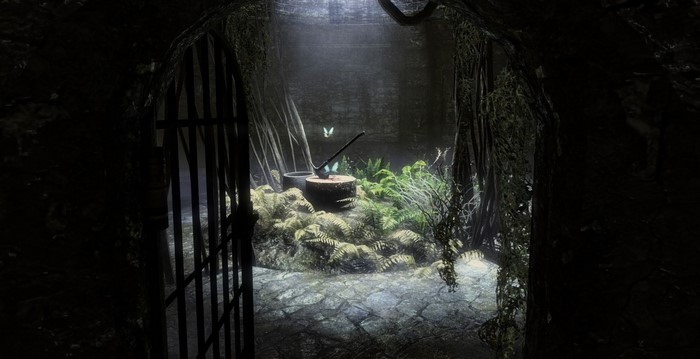Axe on a stump in a dark, overgrown dungeon in Skyrim