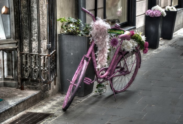 Pink bicycle decorated with flowers and feathers