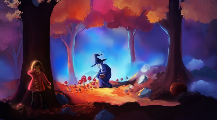 Girl and witch in a magical mushroom forest with pumpkin