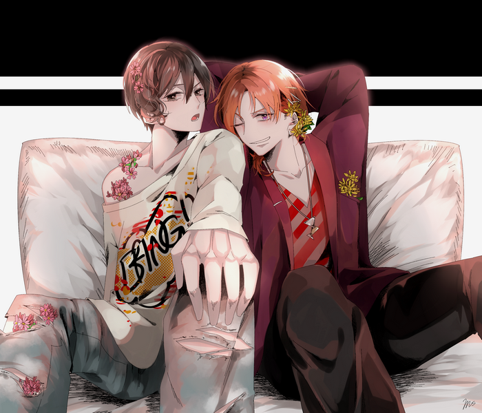 Two anime boys with flowers in their hair