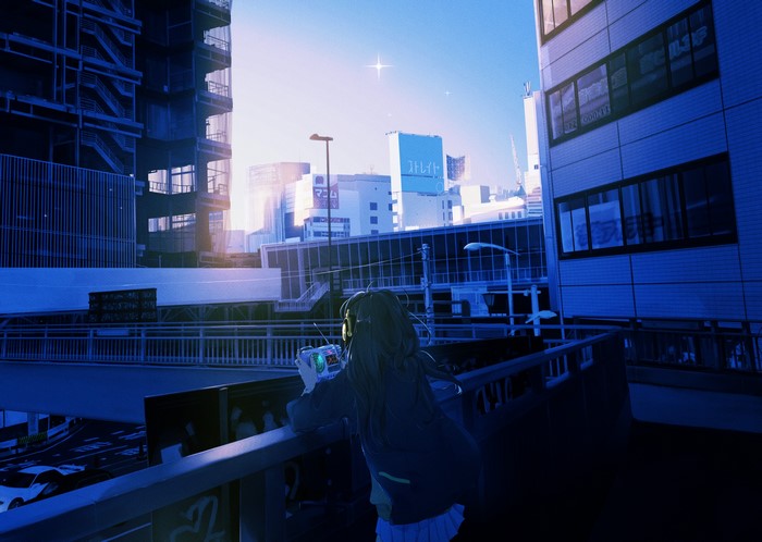Girl with headphones holding a device on a bridge in a city