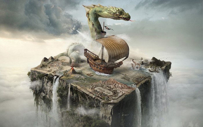 Fantasy island with dragon, ship, and waterfalls