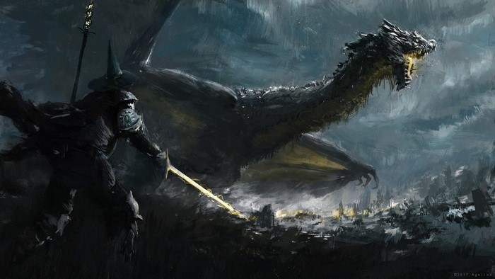 Gandalf fighting a dragon with a sword