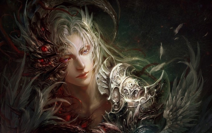 Fantasy woman with dragon-like mask and armor