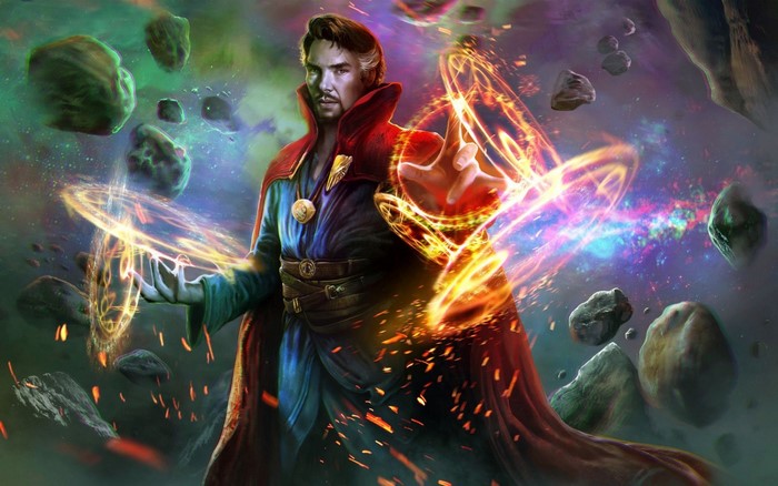 Dr. Strange casting spells in space