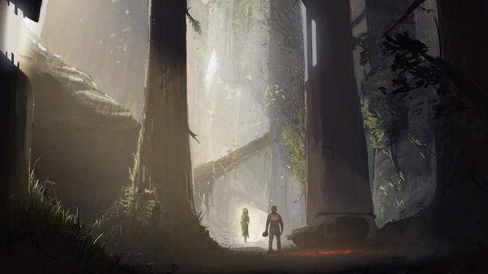 Two figures in a misty, ancient forest with large trees