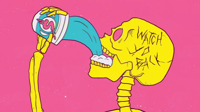 Skeleton drinking from a cup with "WATCH TO BACK" written on skull