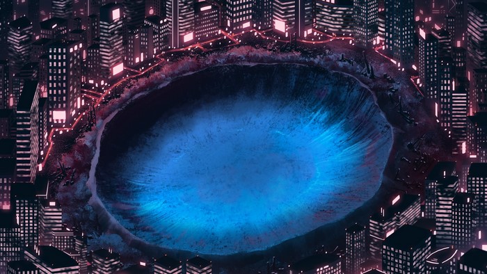 Surreal city crater with glowing blue energy