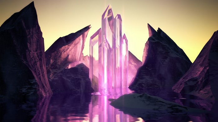 Crystal formations in a rocky landscape with water