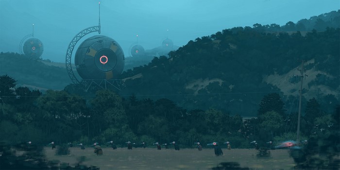 Science fiction landscape with futuristic spheres and figures