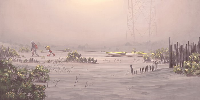 Tales From The Loop: A person and robot pull a kayak