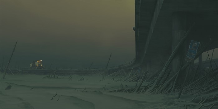 Futuristic Snowy Freeway by Simon Stålenhag