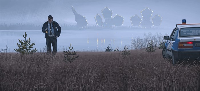 Man with flashlight near police car with futuristic structures in background