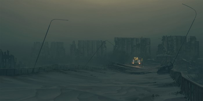 Simon Stålenhag artwork of a bulldozer in a ruined city