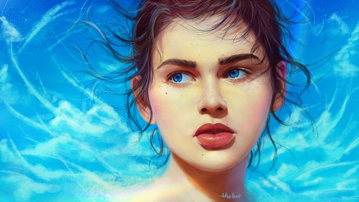 Portrait of a woman with blue eyes against a blue background