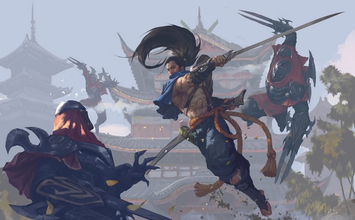 Yasuo fighting Zed and other ninjas from League of Legends