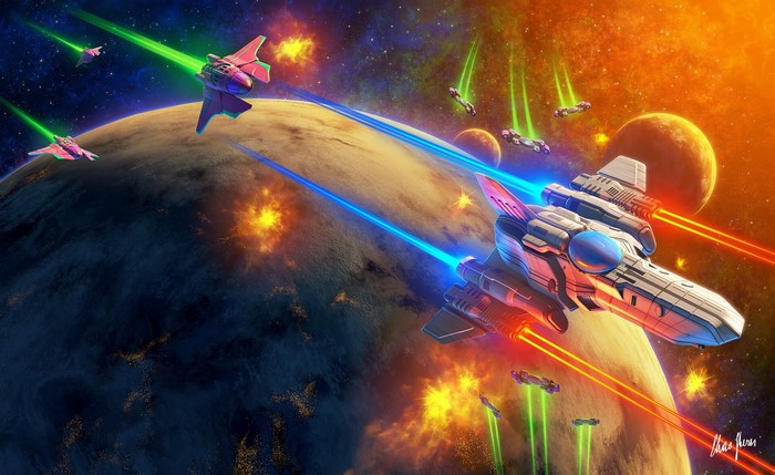 Space battle with spaceships and planets