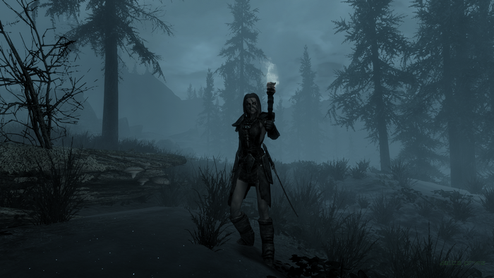 Aela the Huntress from The Elder Scrolls V: Skyrim in a snowy forest
